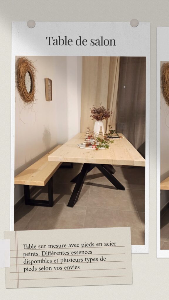 Table de salon sur mesure, pieds en acier (type Mikado) et plateau en bois. 